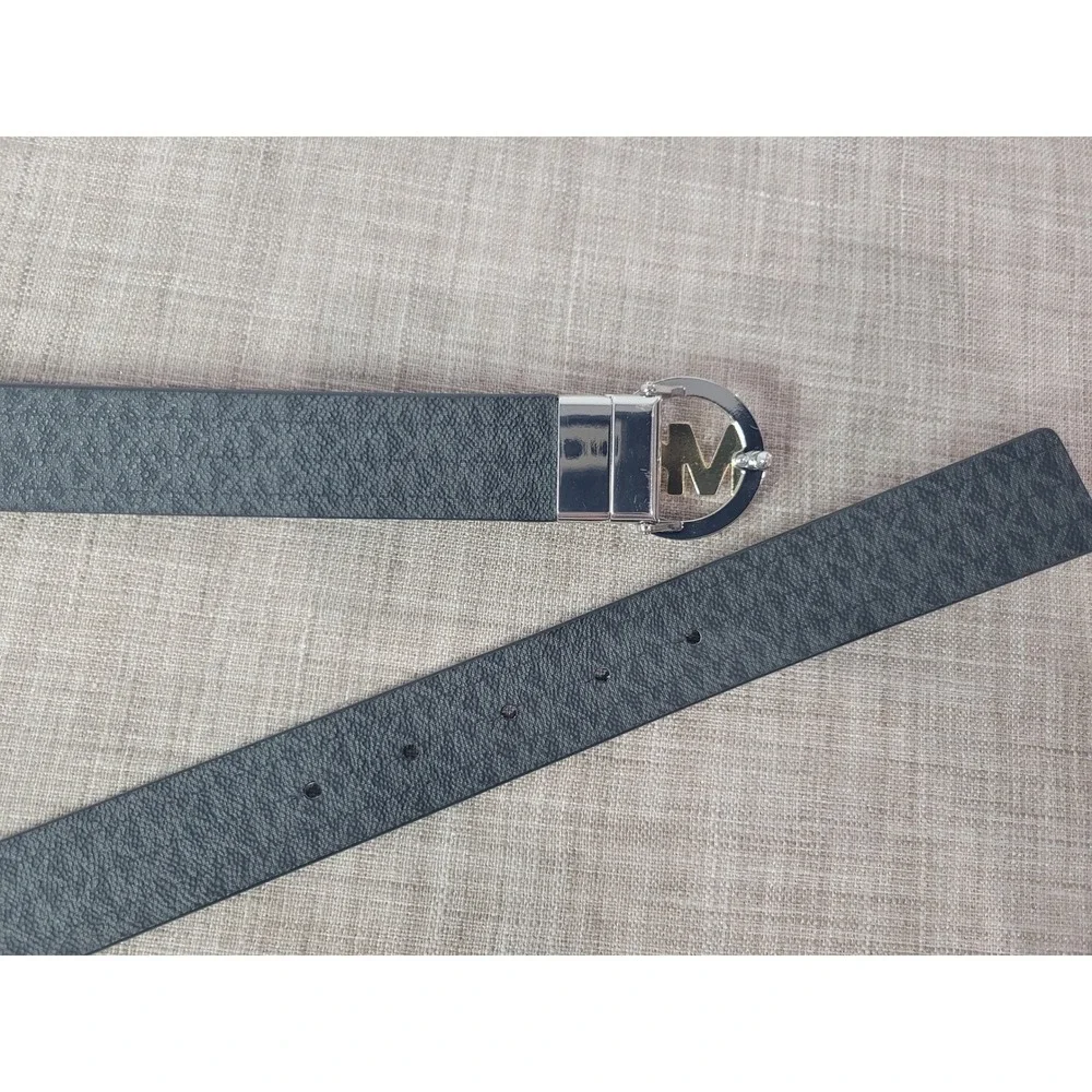 Michael Kors Reversible Belt Brown Pebbled Black Monogram MK Logo Buckle Medium